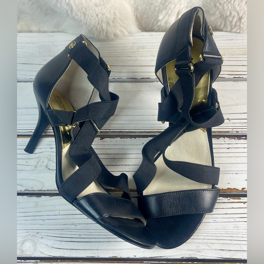 CLEANED 8M MICHAEL KORS Wendy Black Leather Heels Crisscross‎ Strappy Sandals